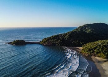 Praia do Indaiá em Bertioga - mar calmo, cristalino e areia clara com vegetação nativa ao fundo