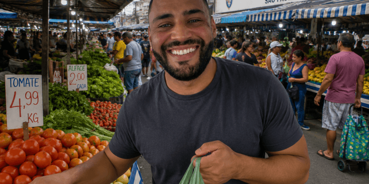 faça ele em uma foto horizontalizada fazendo compra na feira livre na penha em são paulo